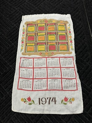 1974 Calendar Linen Tea Towel Spice Rack Design up Top