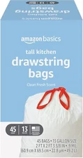 Basics Tall Kitchen Drawstring Trash Bags, Clean Fresh Scent, 13 Gallon