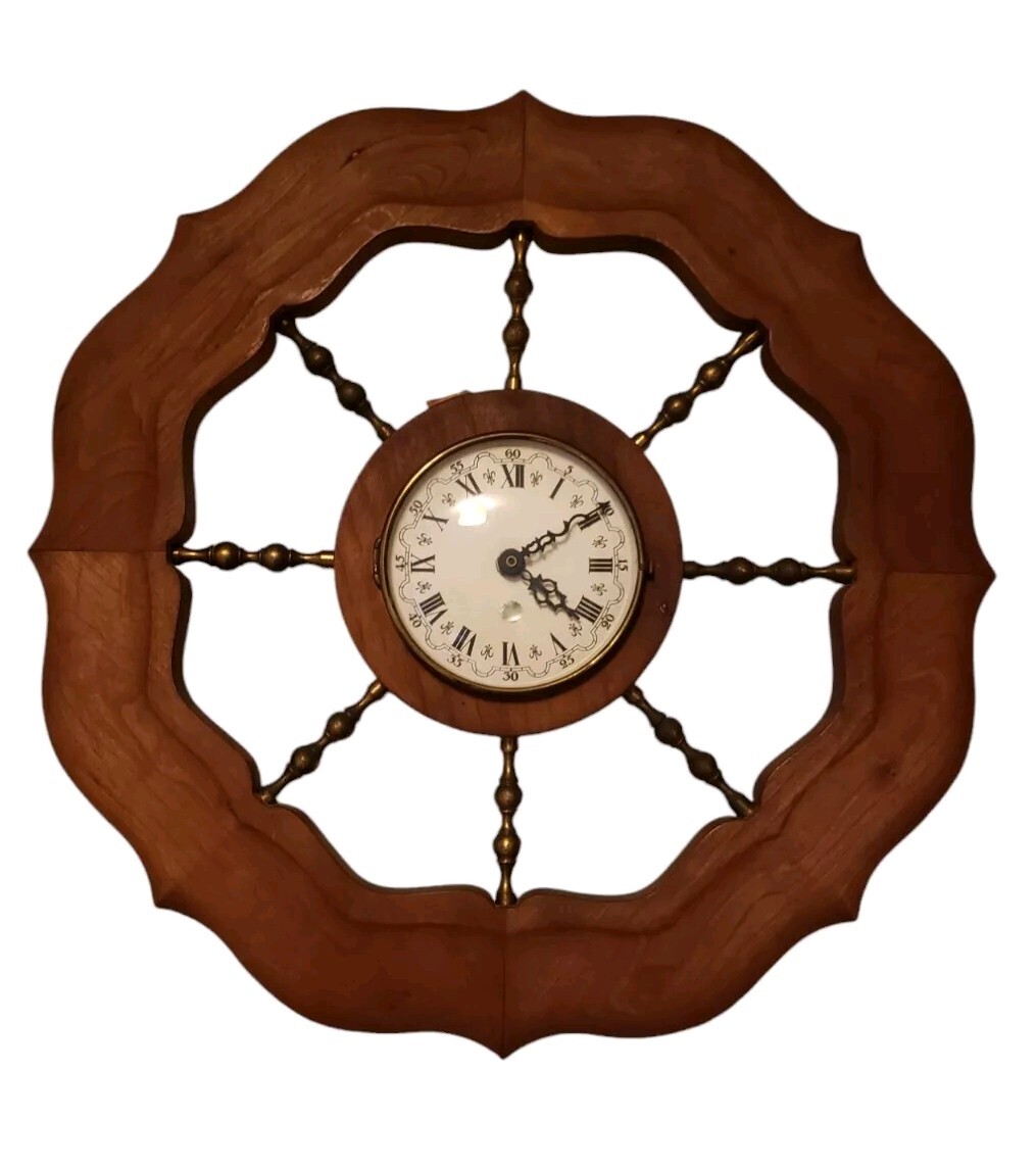 Vintage Nautical Ship Wheel Wall Clock Wood Brass 1959 Decorative