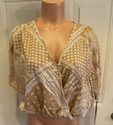 YMI COLLECTIONS, Size XL,  Beige & White Rayon Blouse, w/Faux Wrap Front.  NEW