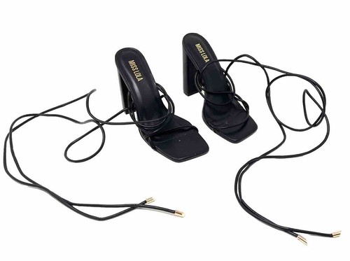 Miss Lola Kymber Strappy Black Block Heels Size 5.5 Square Toe Wrap Around Pumps