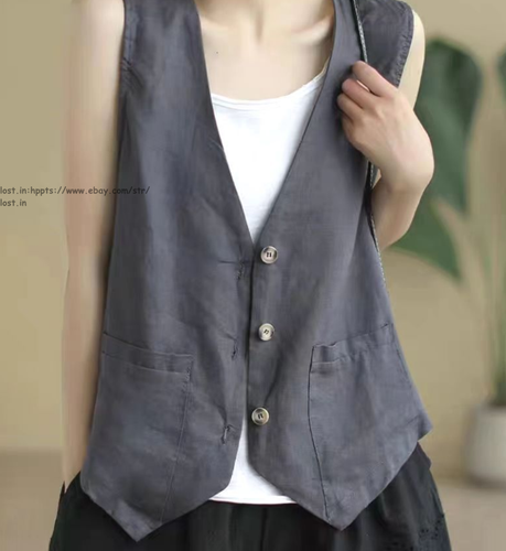 Womens Cotton Linen Vest Casual V Neck Sleeveless Blazer Jacket Thin Waistcoat - Picture 12 of 20
