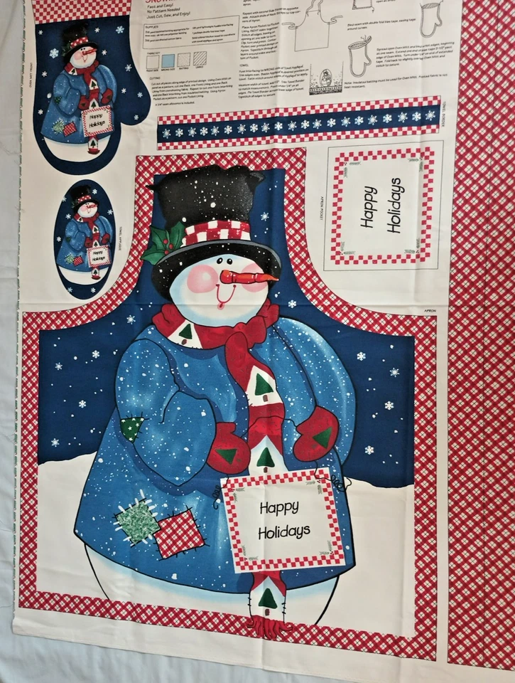 Happy Holidays Snowman Apron & Oven Mitt Christmas Fabric Sewing panel New - Image 4 of 4