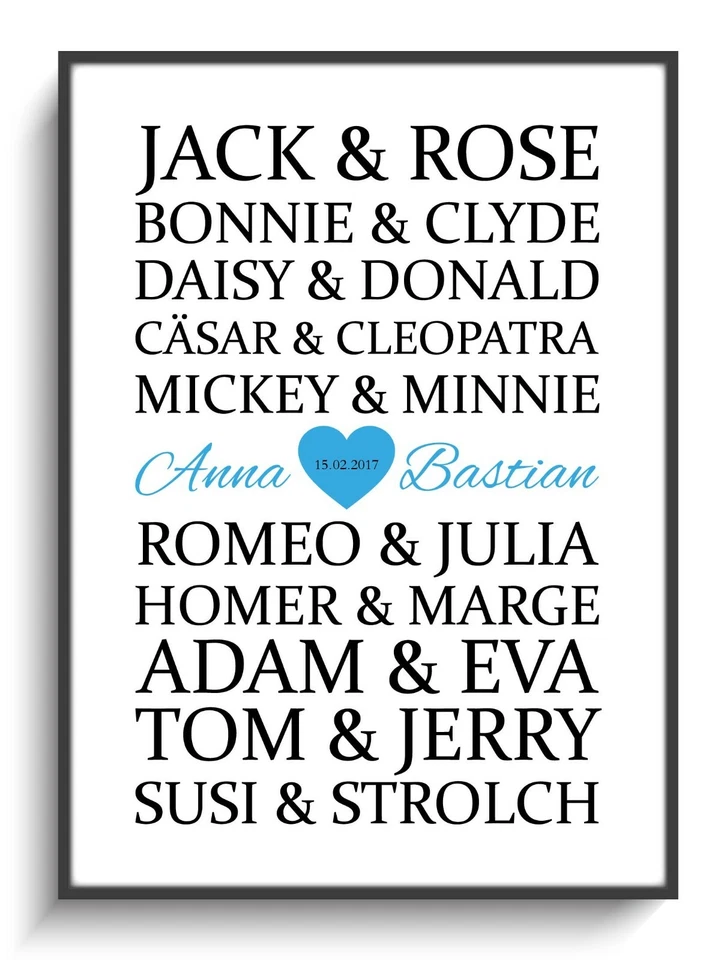 Geschenkidee DIN A4 Bild Liebe Berühmte Paare 6 Wand Deko Personalisierbar