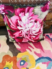 Cushion Cover Burgundy Dusky Pink Dark Green Flowers 17” Square Velour Vintage 