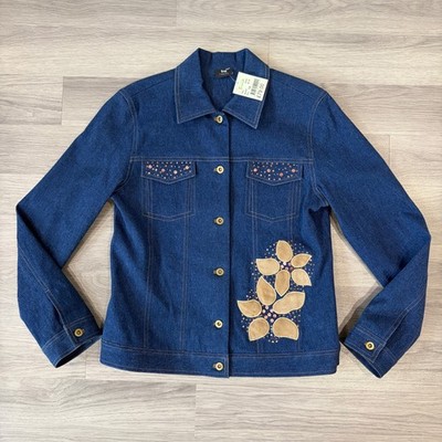 Tru Trend Denim Jacket Womens UK10 Blue Floral Applique Sequin Boho Festival New