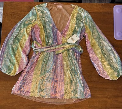 Show Me Your Mumu Cocktail Dress Striped Sequin Long Sleeve Lined Tie Mini L