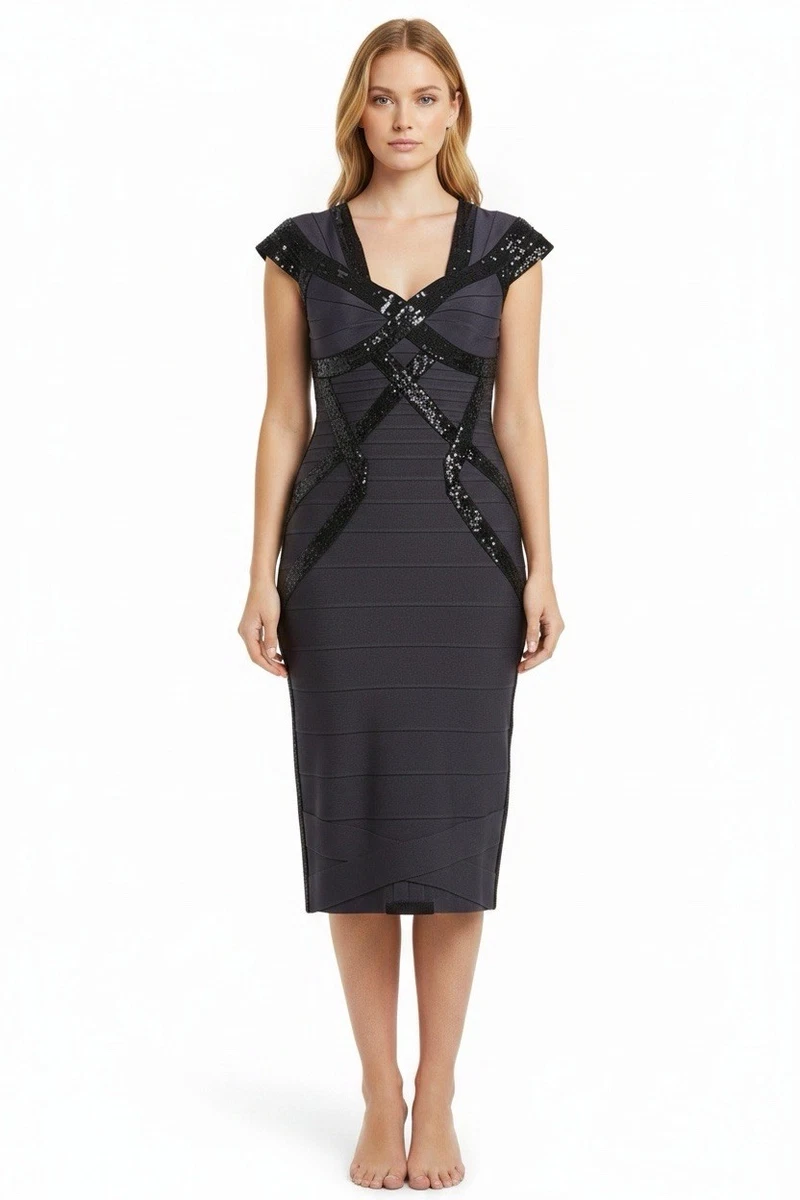 herve leger bandage dress black Dresses for Women for sale Structured A-line Strapless Side Slit Size:US:10-12 Grey knit fabric lines