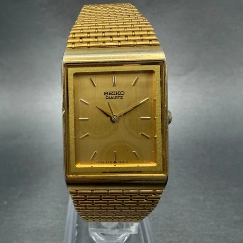 Seiko Tank Watch Men 23mm Champagne Dial Gold Tone 5y91-5049 New Battery VTG123