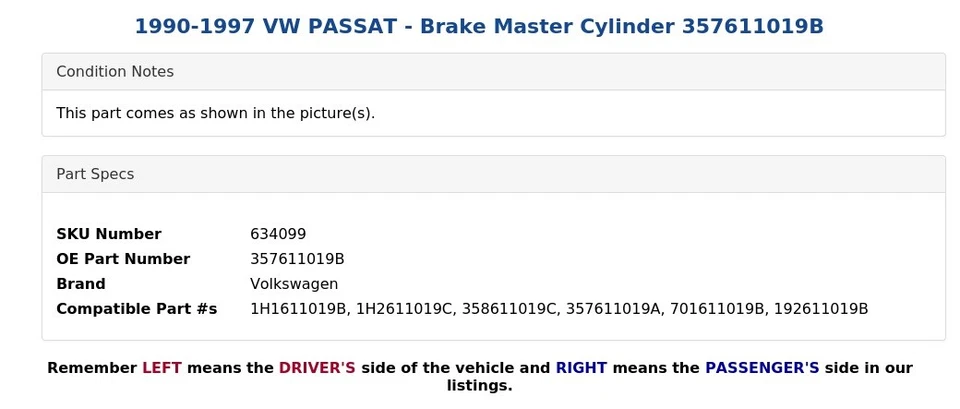1990-1997 VW PASSAT - Cilindro mestre de freio 357611019B - Imagem 3 de 4