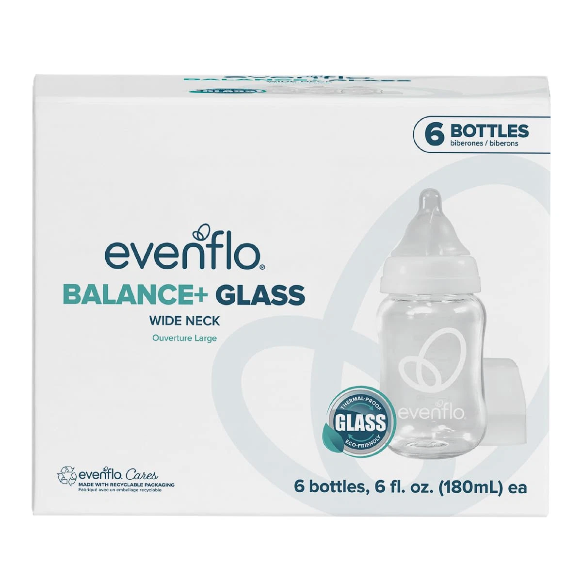Balance+ Glass Wide Neck Baby Bottles, Clear, 6 Fl Oz, 6 Pack