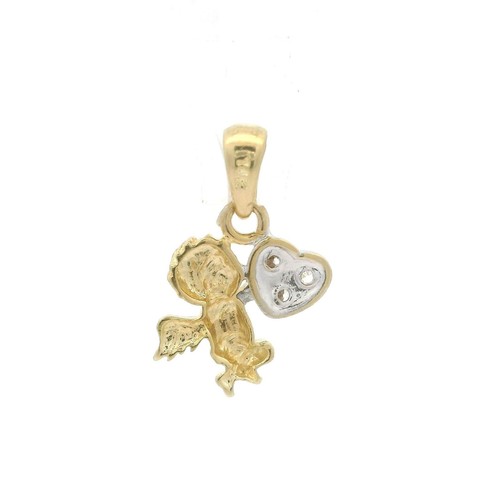 14k Yellow & White Gold Zircon Cherub Angel Holding Heart Charm Pendant - Picture 2 of 4