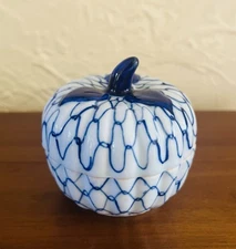 Vintage White and Blue Porcelain Apple Shaped Lidded Trinket Dish 