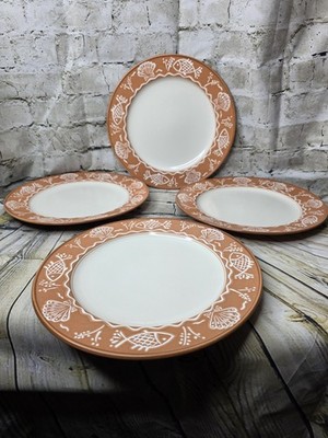 4 Mikasa Terra Stone SEA MELODY CAV03 11'' Dinner Plates Orange w Fish and Shells