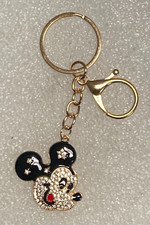 Metallic Gold Tone Rhinestone Mickey Mouse Face Bag Charm / Keychain Style 1