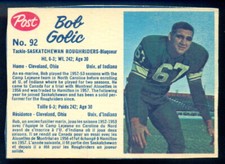 1962 POST CFL FOOTBALL #92 BOB GOLIC EX+ SASKATCHEWAN ROUGHRIDERS UNIV INDIANA
