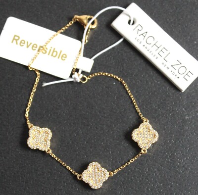 Rachel Zoe Triple Small Clover CZ Gold Plate Sterling Silver Bracelet  Reversible