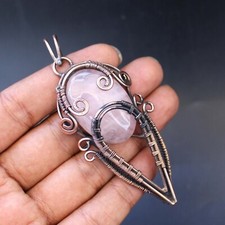 Wedding Gift Rose Quartz Pendant Copper Wire Wrapped Pendant Handmade Jewelry