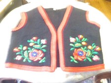 Vintage Matyo Hungarian Embroidered Black Felt Vest with Floral Design