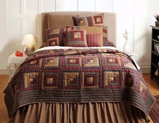 Full Queen Quilt Red Blue Tan Hand Stitched Log Cabin Patchwork Cotton Millsboro