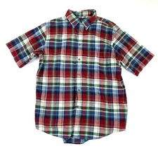 Lands End Shirt Mens L Short Sleeve Plaid Red Green Blue Button Front
