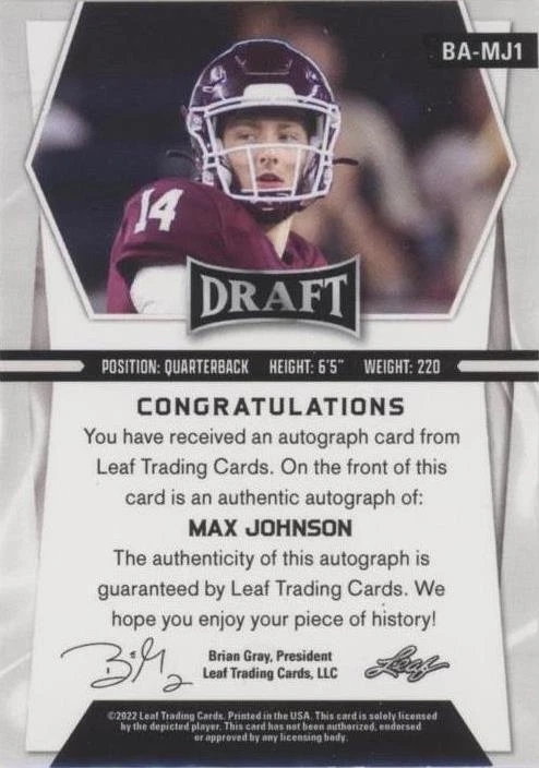 2022 Leaf Draft Limited Edition Max Johnson #BA-MJ1