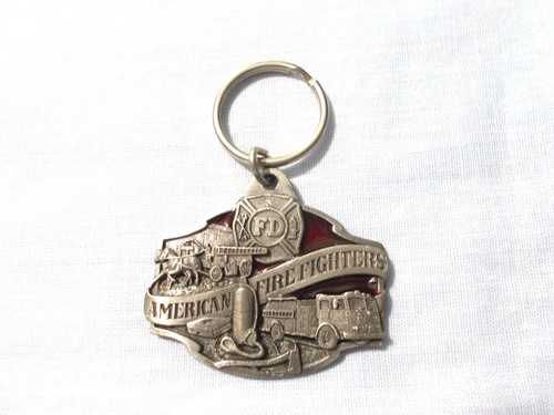 AMERICAN FIRE FIGHTERS PEWTER with RED INLAY USA MADE KEY RING 1989 SISKIYOU