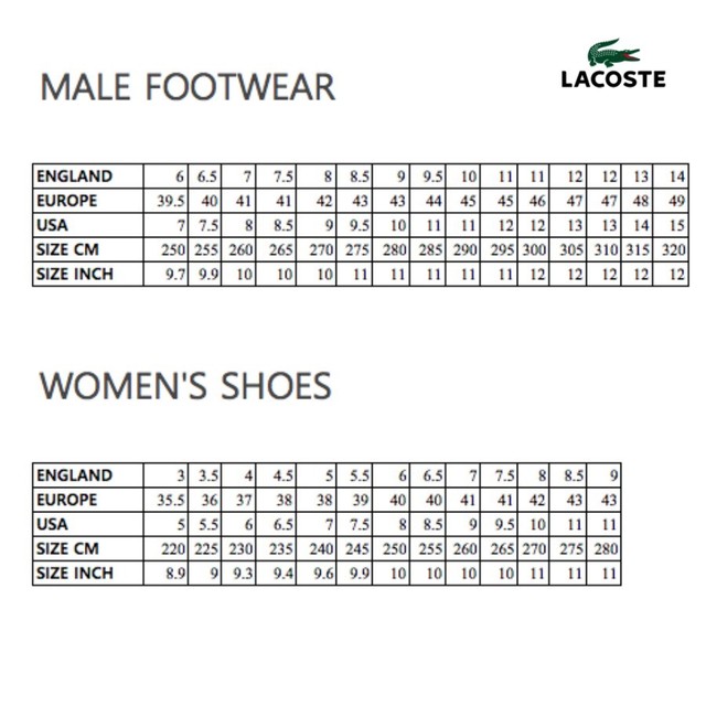 lacoste womens shoes size chart