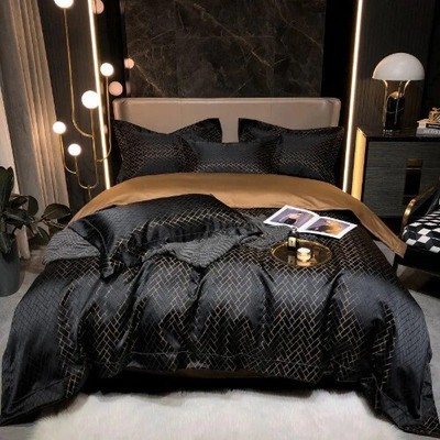 4/6Pcs Luxury Black Gold Yarndyed Jacquard Egyptian Cotton Smooth Duvet Cover