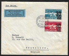 SWITZERLAMD SCHAFFHAUSEN TO BELGIUM AIR MAIL 40c RATE OVPT STAMPS ON COVER 1936