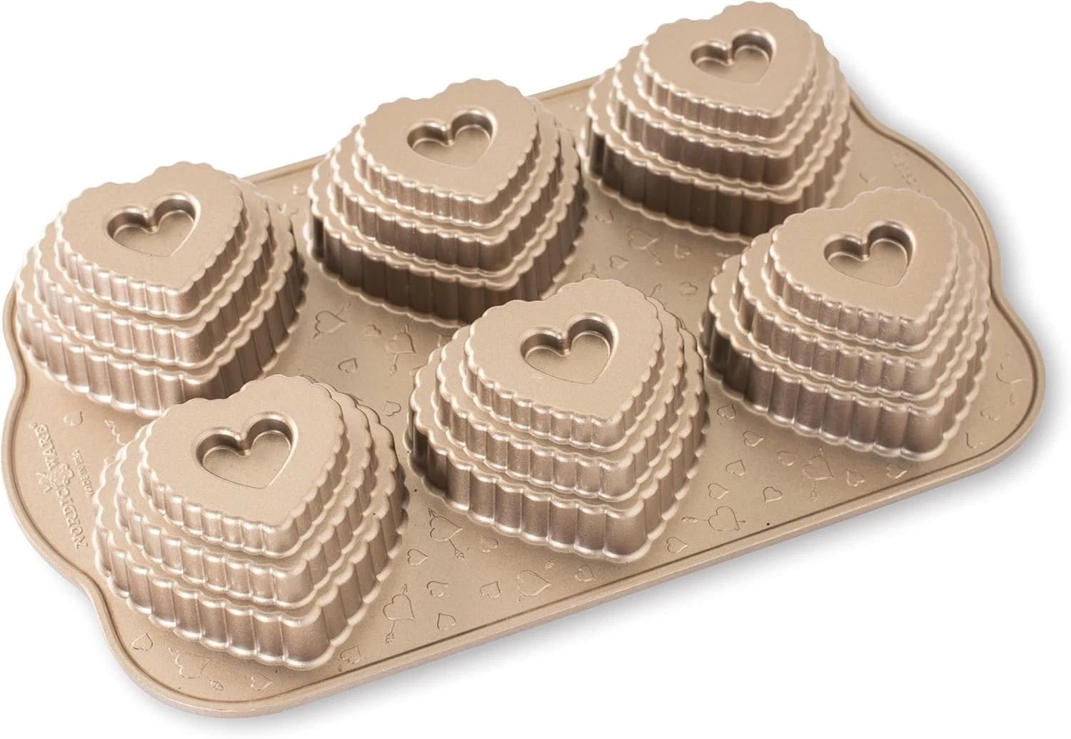 NEW! Nordic Ware Cast Bundt Bakeware Tiered Heart Cakelets Toffee 3-Cup USA
