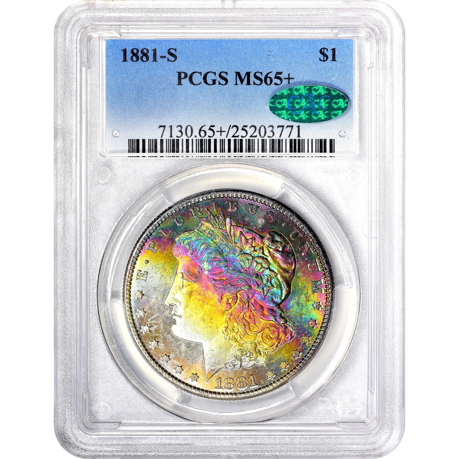 1881 s morgan silver dollar PCGSMS 65+ CAC RAINBOW TONED VIDEO