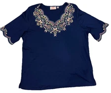 Quacker Factory Embroidered Blouse- L-Navy-Short Sleeves-Flowers and Butterflies