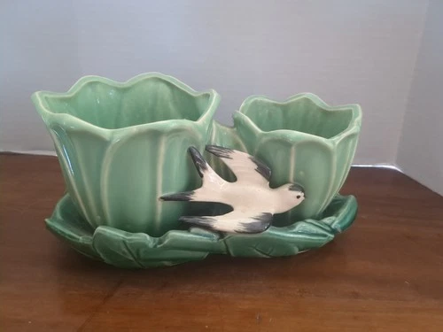 Planter McCoy Pottery Green Double Tulip w/ White & Black Swallow Bird Vintage