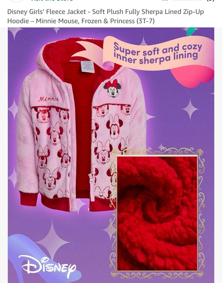 NUEVO CON ETIQUETAS Disney Jr. Minnie Mouse Rosa Felpa Sudadera con Capucha Chaqueta Sherpa Costco Niña Talla 7 Foto 4 de 4