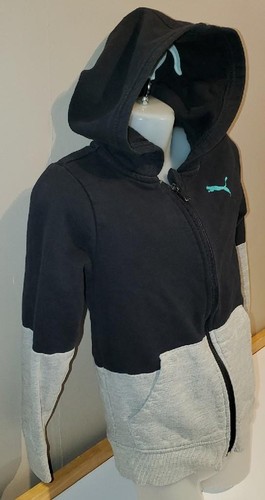 PUMA JACKET Hooded front zipper sports outerwear Black Gray Kids Size 6 - Picture 3 of 6