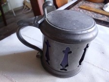  Vintage Pewter Mustard Pot - Blue Glass Liner  gothic style 