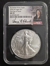 2024 W BURNISHED SILVER EAGLE NGC MS70 FIRST DAY ISSUE CABRAL SIGNED PRESTIGE 