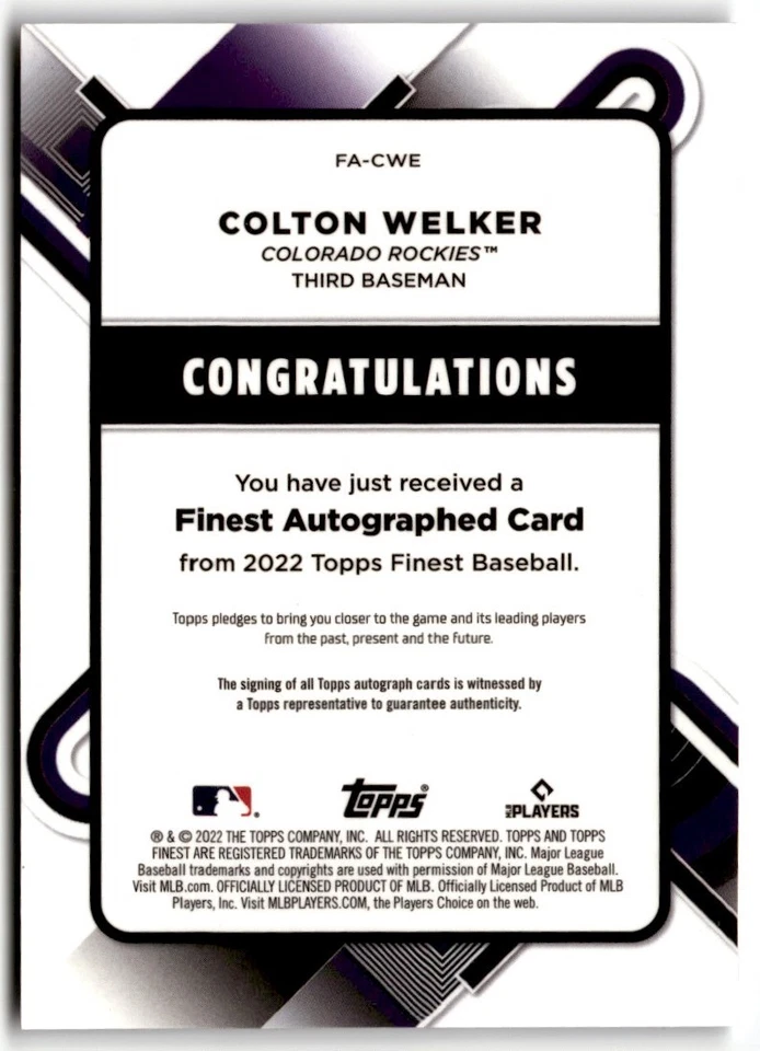 Colton Welker 2022 Finest Autographs Rookie Auto #FA-CWE Colorado Rockies - Image 2 of 2