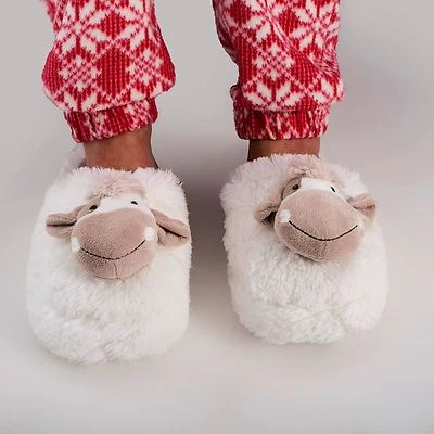 Zhu-Zhu Furry Animal Head Cow Slippers - Soft Plush Novelty Slippers - up to UK7