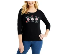 Karen Scott Womens Petite PP Black Holiday Christmas Cats Kittens Print Top NWT