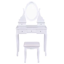 Topbuy Oval Mirror Dressing Vanity Table Beauty Dresser W/ Cushioned Bench
