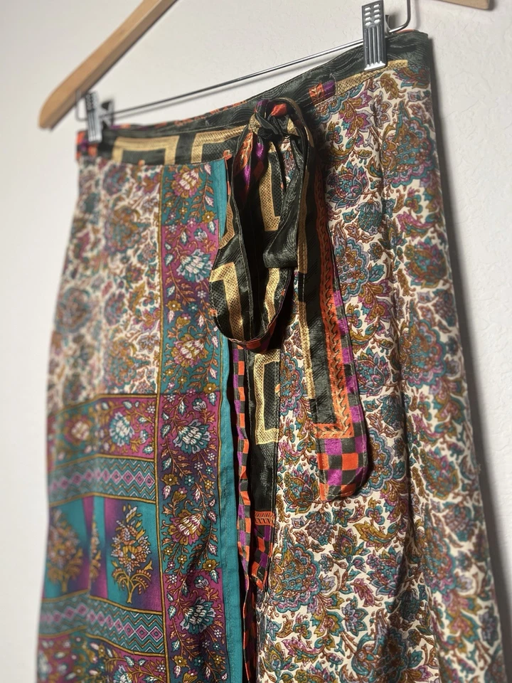 Recycled 100% Silk Long Maxi Wrap Skirt Free Size Floral Patchwork Gypsy Boho - Image 2 of 4