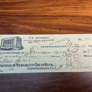T.D. Jefferson Vintage Check Cape Charles, Va. Farmers& Merchants Bank 1923