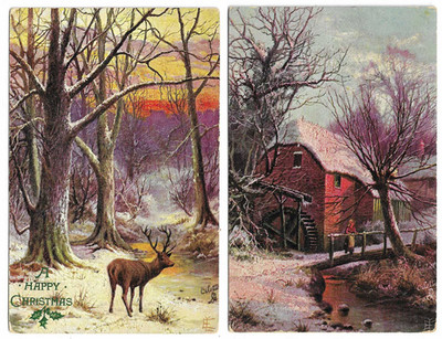 2 Tuck's Künstler gezeichnete Postkarten WHITE WORLD - Wassermühle Schnee Hirsch Bäume Winter