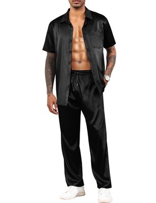 LecGee Men's Satin 2 Piece Outfits Lapel Short Sleeve Tracksuit Large, Black 