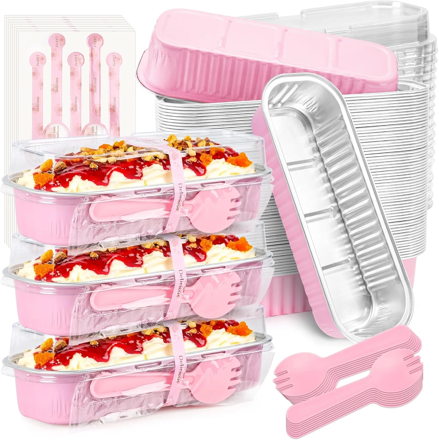 Mini Loaf Pans With Lids Spoons 6.8oz Rectangular Foil 60 Pack Pink