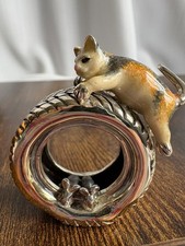 Saturno cat on a tyre chasing mice silver & enamel