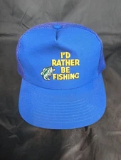 Vintage "I Rather Be Fishing" Bass Trucker Hat Blue Cap MMB Headwear USA Made