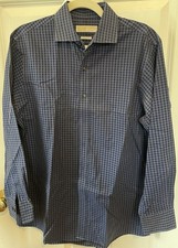 MICHAEL KORS Men  s Dress Shirt 15 1/2 32/33 Blue  Black Checkered Plaid No Iron